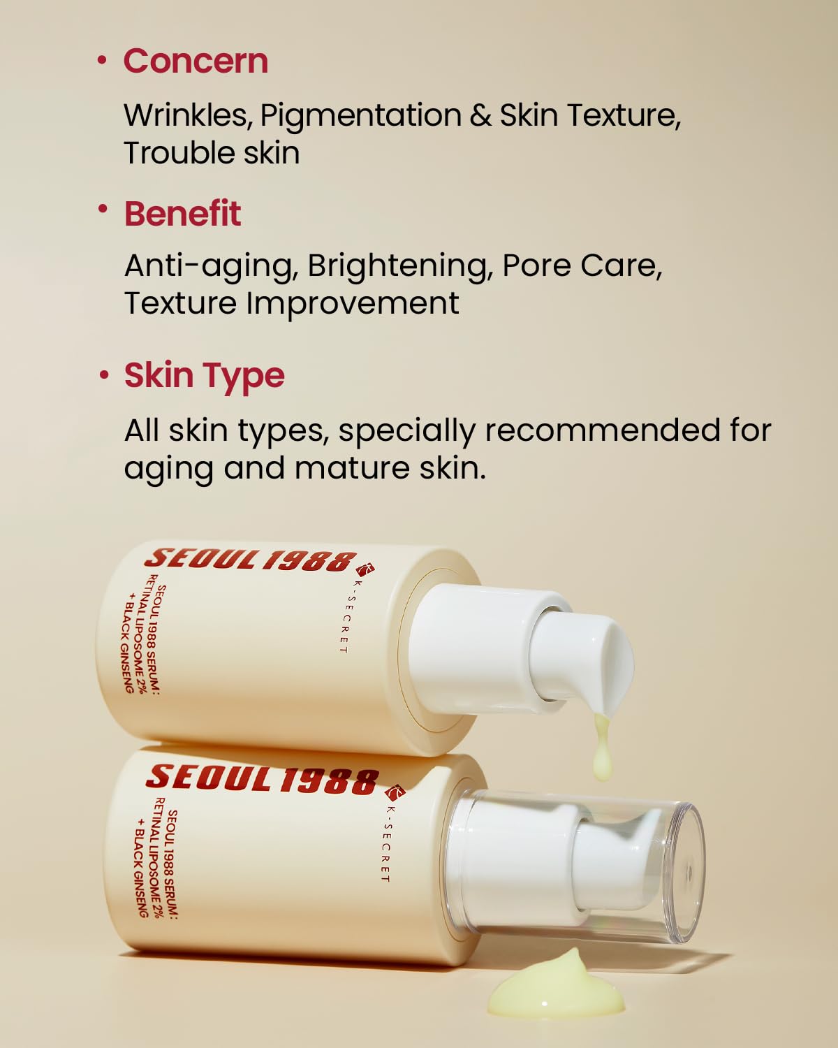 KSECRET | SEOUL 1988 Serum : Retinal Liposome 2% + Black Gingeng, 30Ml/1.01Fl.Oz | 58% Black Gingeng Extract with Retinal, Bakuchiol, Vitamin C & 3 Peptides for Wrinkle Care | Korean Skincare |